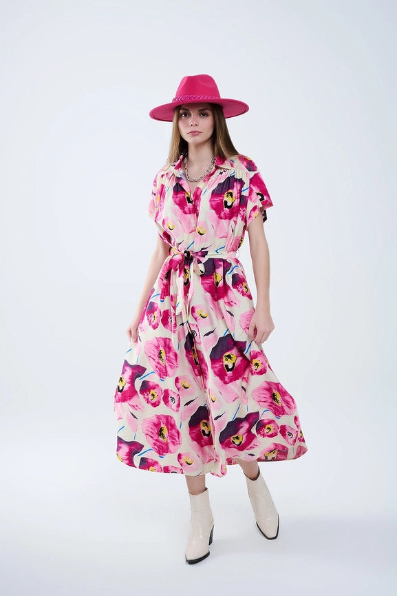 Floral Printed Buttoned Shirt Dress in Fuchsia-Dress-Q2-S-PINK-Urbanheer