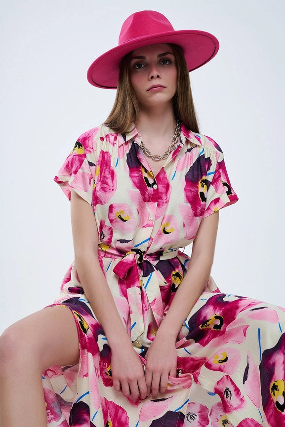 Floral Printed Buttoned Shirt Dress in Fuchsia-Dress-Q2-S-PINK-Urbanheer