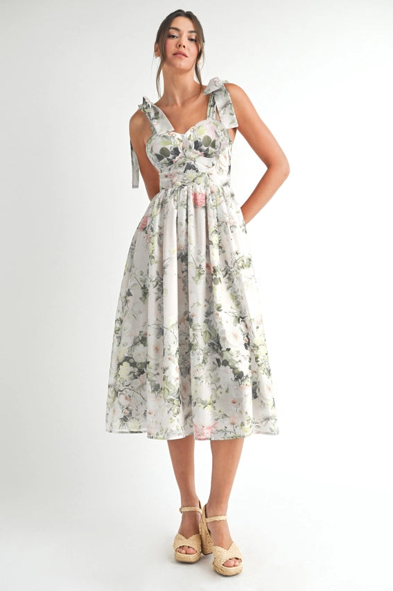 Floral Printed Midi Dress WHITE FLOWER-Dress-Endless Blu-S-WHITE FLOWER-Urbanheer
