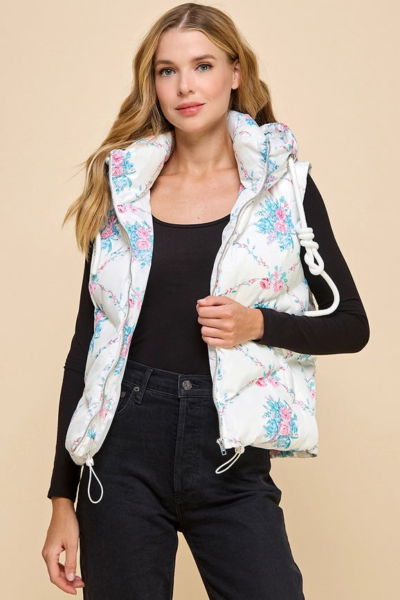Floral Printed Vest with Hoodie-Vest-TCEC-S-White-Urbanheer