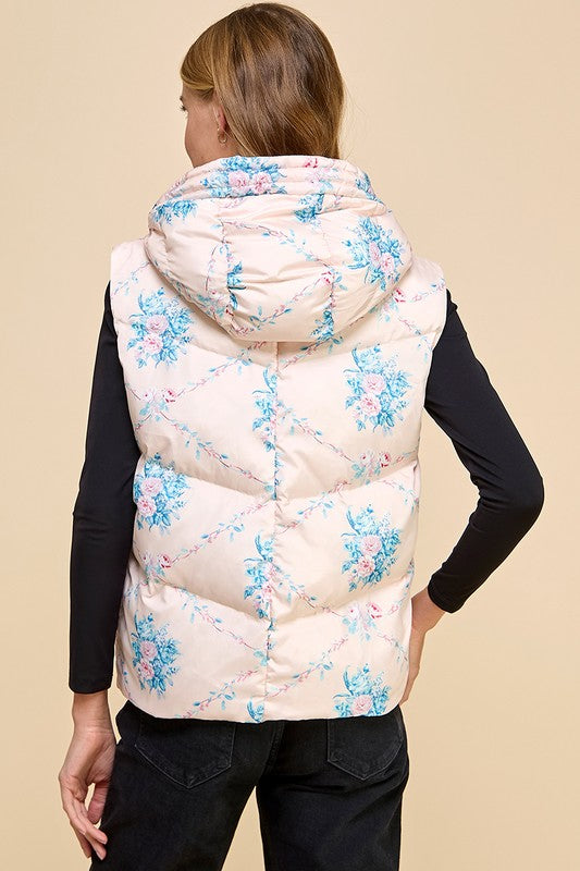 Floral Printed Vest with Hoodie-Vest-TCEC-S-Pink-Urbanheer