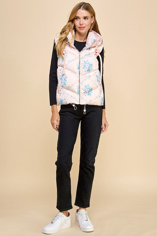 Floral Printed Vest with Hoodie-Vest-TCEC-S-Pink-Urbanheer