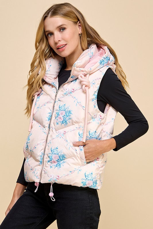 Floral Printed Vest with Hoodie-Vest-TCEC-S-Pink-Urbanheer