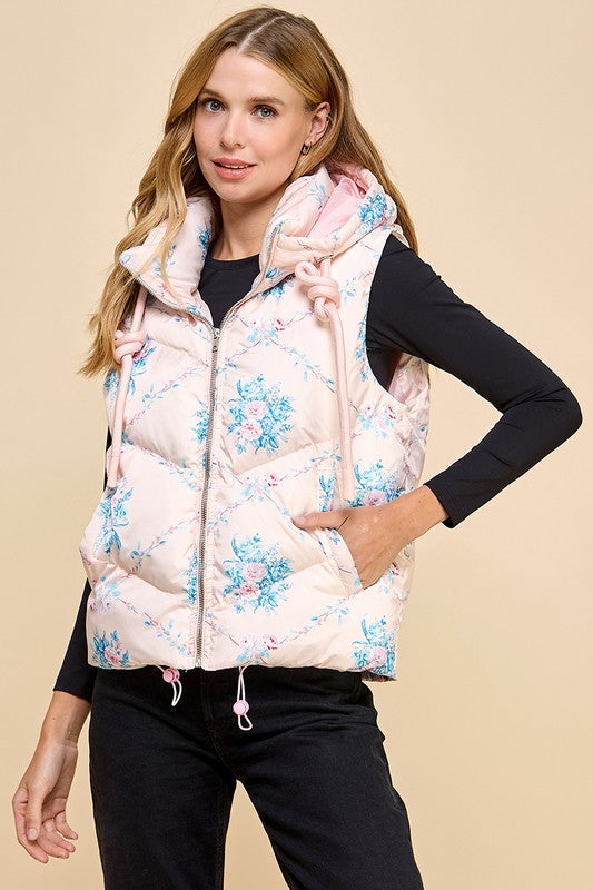 Floral Printed Vest with Hoodie-Vest-TCEC-S-Pink-Urbanheer
