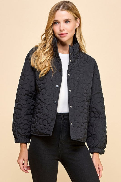 Floral Quilted Button Down Jacket-Jacket-TCEC-S-Black-Urbanheer