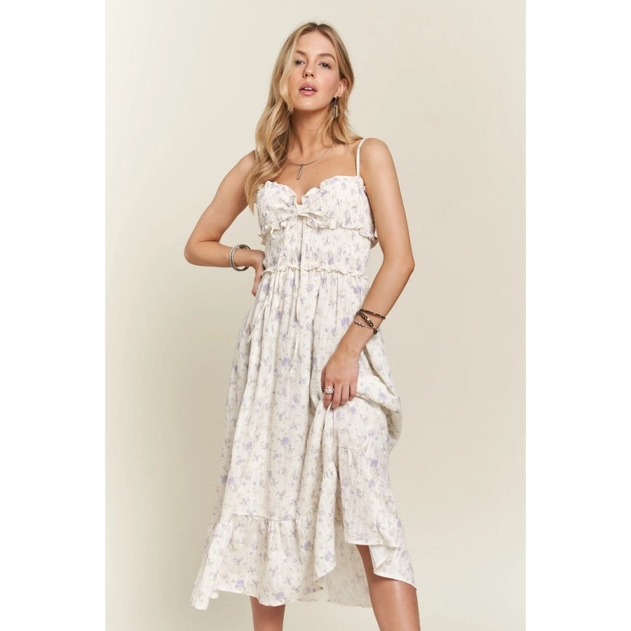 Floral Ruffle Charm Smocking Midi Dress with Adjustable Stra LAVENDER-Dress-Apolline-S-LAVENDER-Urbanheer