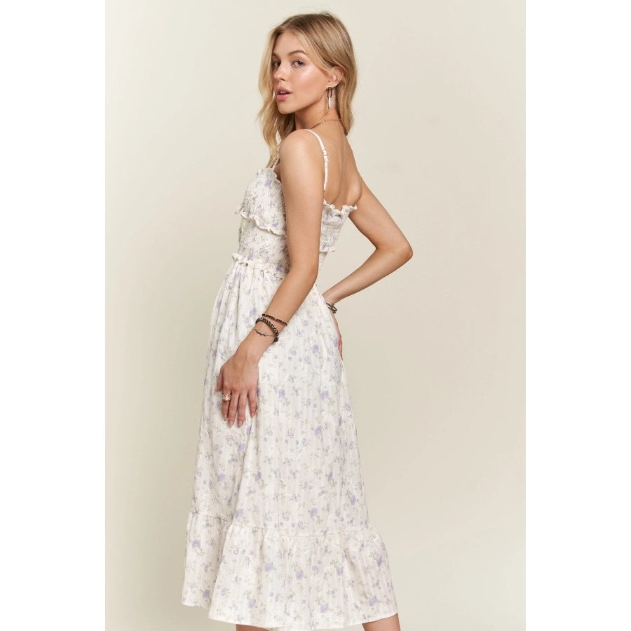 Floral Ruffle Charm Smocking Midi Dress with Adjustable Stra LAVENDER-Dress-Apolline-S-LAVENDER-Urbanheer