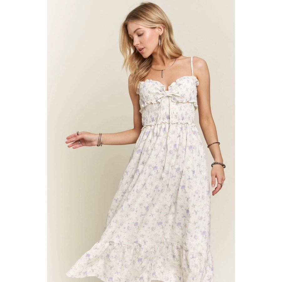 Floral Ruffle Charm Smocking Midi Dress with Adjustable Stra LAVENDER-Dress-Apolline-S-LAVENDER-Urbanheer