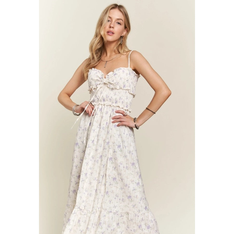 Floral Ruffle Charm Smocking Midi Dress with Adjustable Stra LAVENDER-Dress-Apolline-S-LAVENDER-Urbanheer