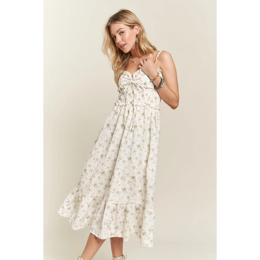 Floral Ruffle Charm Smocking Midi Dress with Adjustable Stra SAGE-Dress-Apolline-S-SAGE-Urbanheer
