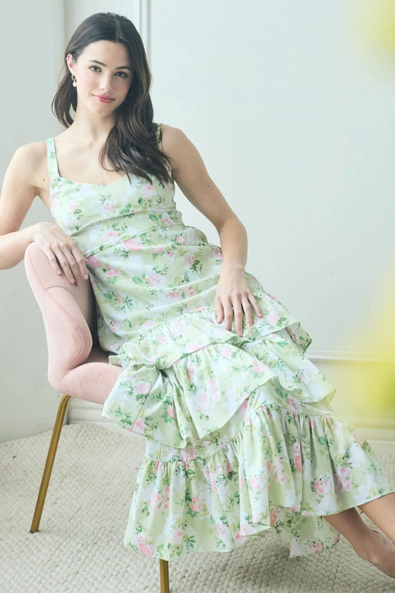 Floral Sleeveless Ruffle Tiered Hem Midi Dress MINT MULTI-Dress-Blu Pepper-S-MINT MULTI-Urbanheer