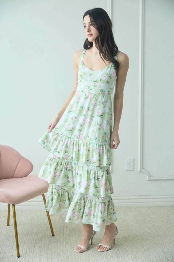 Floral Sleeveless Ruffle Tiered Hem Midi Dress MINT MULTI-Dress-Blu Pepper-S-MINT MULTI-Urbanheer
