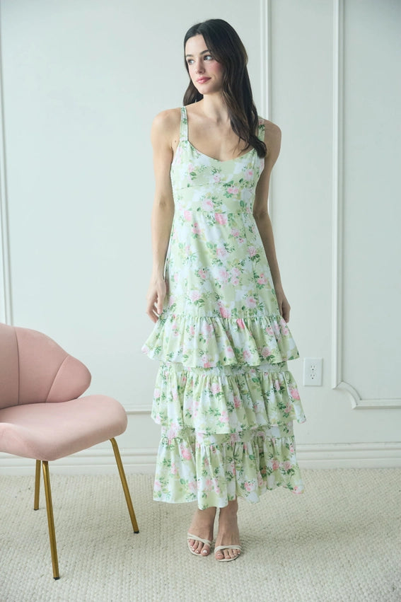 Floral Sleeveless Ruffle Tiered Hem Midi Dress MINT MULTI from Blu Urbanheer Floral Sleeveless Ruffle Tiered Hem Midi Dress MINT MULTI from Blu Urbanheer