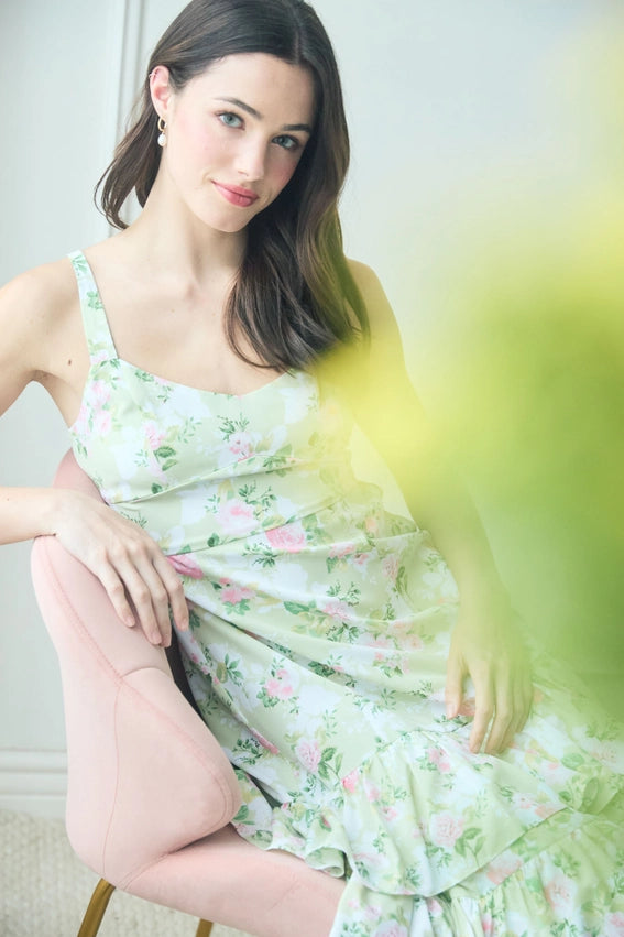 Floral Sleeveless Ruffle Tiered Hem Midi Dress MINT MULTI-Dress-Blu Pepper-S-MINT MULTI-Urbanheer