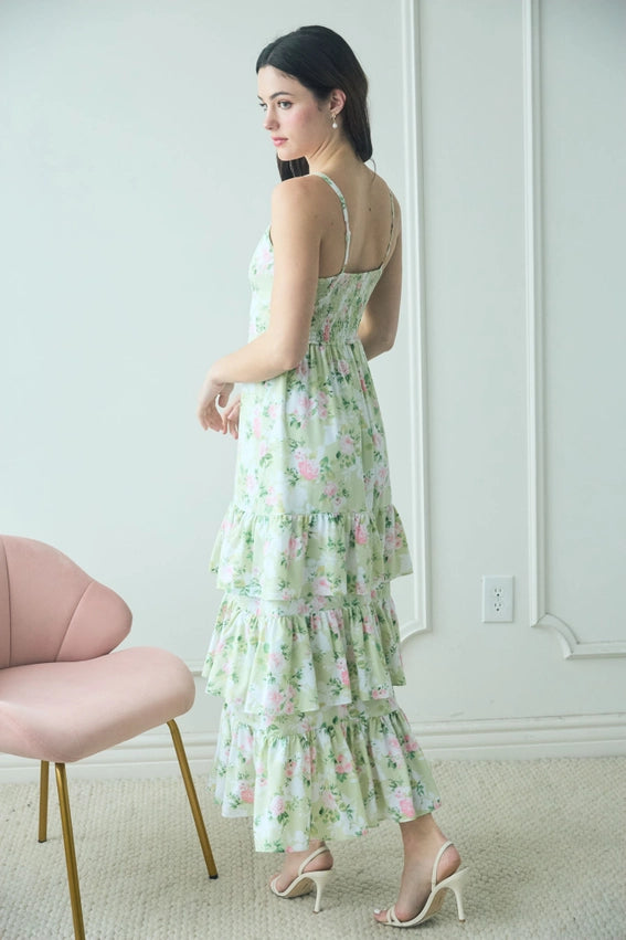 Floral Sleeveless Ruffle Tiered Hem Midi Dress MINT MULTI from Blu Urbanheer Floral Sleeveless Ruffle Tiered Hem Midi Dress MINT MULTI from Blu Urbanheer