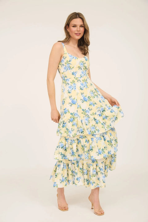 Floral Sleeveless Ruffle Tiered Hem Midi Dress YELLOW MULTI-Dress-Blu Pepper-S-YELLOW MULTI-Urbanheer