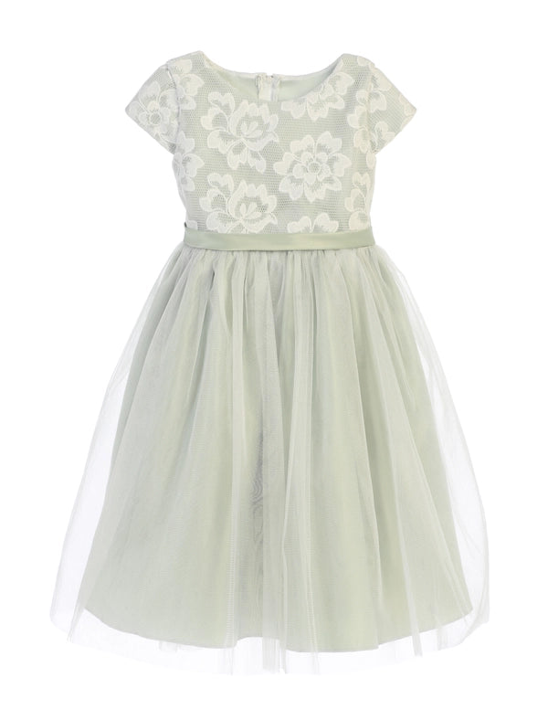Floral Sponge Mesh with Satin & Crystal Tulle-Dress-Sweet Kids, Inc.-4-sage-Urbanheer