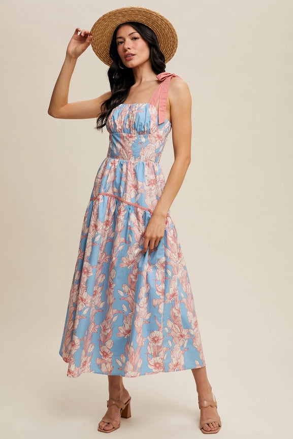 Floral Tiered Midi Dress Light Blue-Dress-Listicle-S-Light Blue-Urbanheer