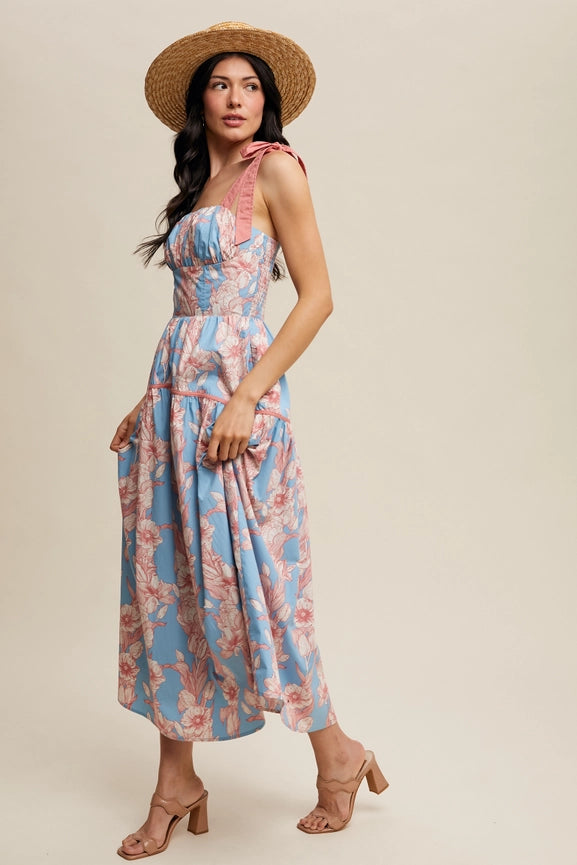 Floral Tiered Midi Dress Light Blue-Dress-Listicle-S-Light Blue-Urbanheer