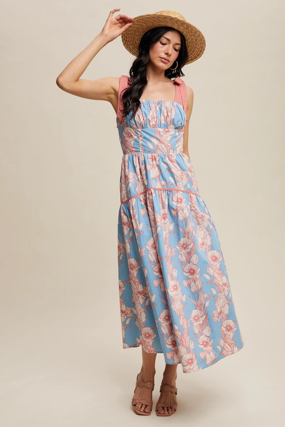 Floral Tiered Midi Dress Light Blue-Dress-Listicle-S-Light Blue-Urbanheer