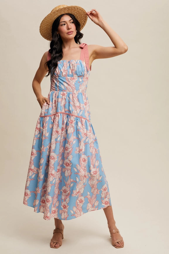 Floral Tiered Midi Dress Light Blue-Dress-Listicle-S-Light Blue-Urbanheer