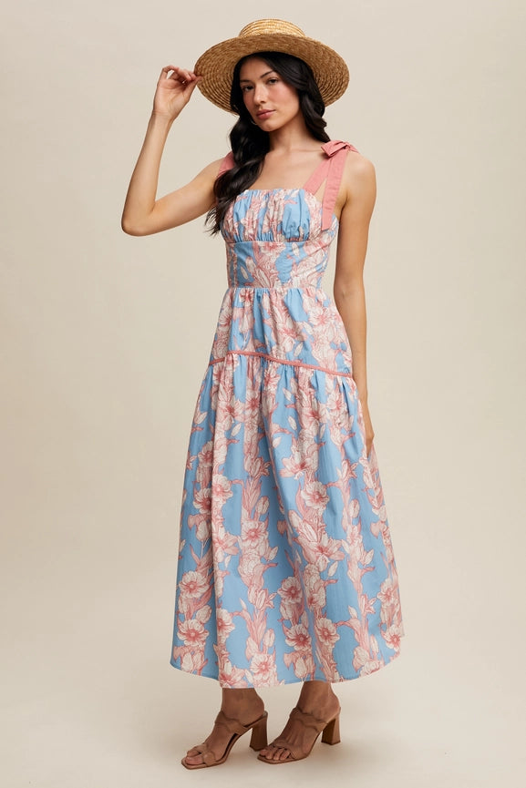 Floral Tiered Midi Dress Light Blue-Dress-Listicle-S-Light Blue-Urbanheer