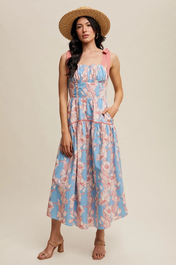Floral Tiered Midi Dress Light Blue-Dress-Listicle-S-Light Blue-Urbanheer
