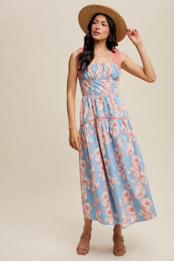 Floral Tiered Midi Dress Light Blue-Dress-Listicle-S-Light Blue-Urbanheer