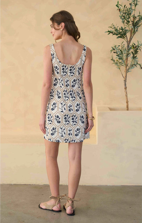 Floral Tile Embroidery Sleeveless Linen Mini Dress