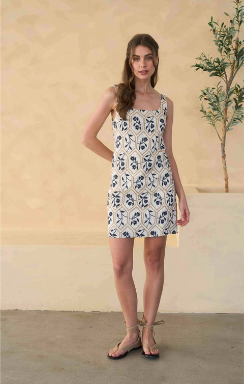 Floral Tile Embroidery Sleeveless Linen Mini Dress