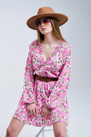 Floral V-Neck Dress with Pink Blooms and Green Accents-Dress-Q2-S-PINK-Urbanheer