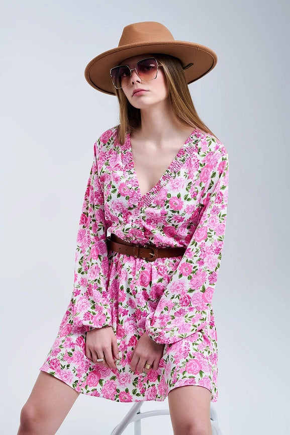 Floral V-Neck Dress with Pink Blooms and Green Accents-Dress-Q2-S-PINK-Urbanheer