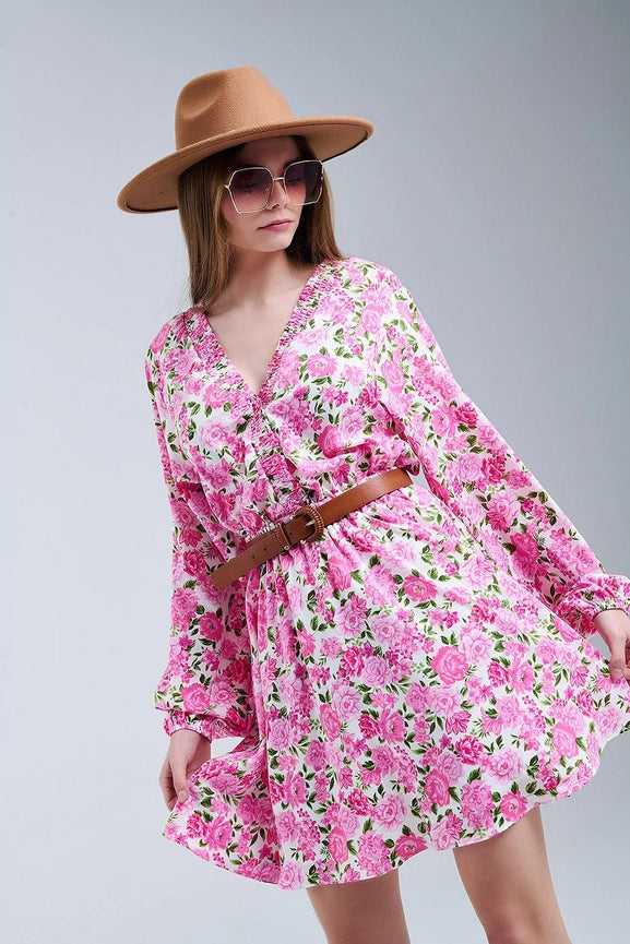 Floral V-Neck Dress with Pink Blooms and Green Accents-Dress-Q2-S-PINK-Urbanheer
