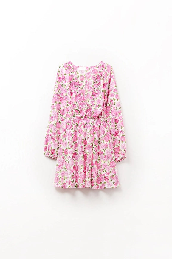 Floral V-Neck Dress with Pink Blooms and Green Accents-Dress-Q2-S-PINK-Urbanheer