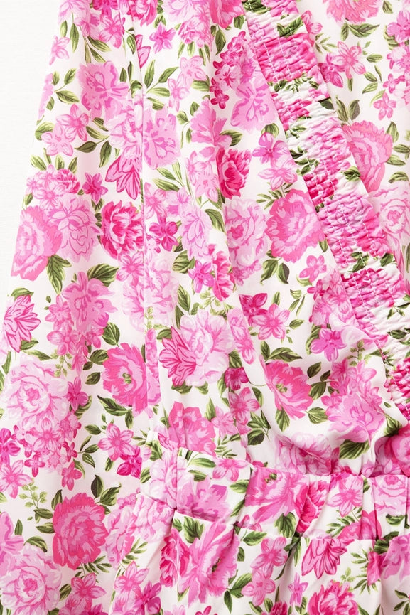 Floral V-Neck Dress with Pink Blooms and Green Accents-Dress-Q2-S-PINK-Urbanheer