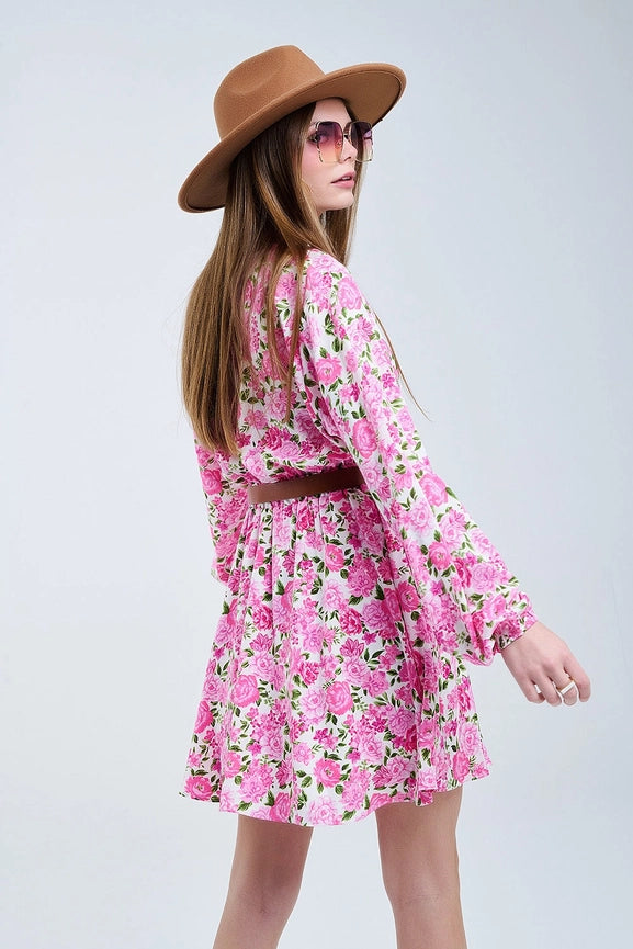 Floral V-Neck Dress with Pink Blooms and Green Accents-Dress-Q2-S-PINK-Urbanheer