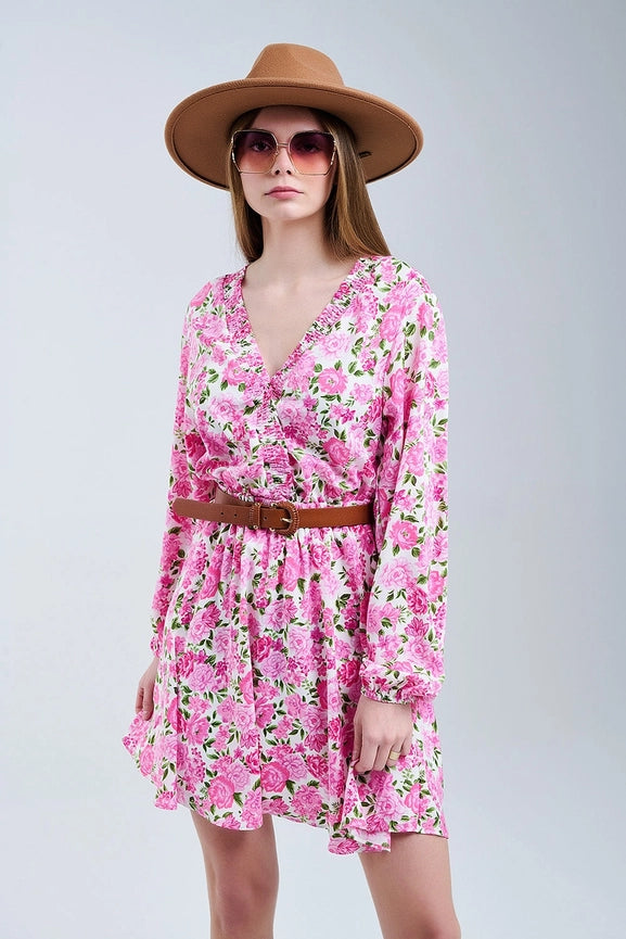 Floral V-Neck Dress with Pink Blooms and Green Accents-Dress-Q2-S-PINK-Urbanheer