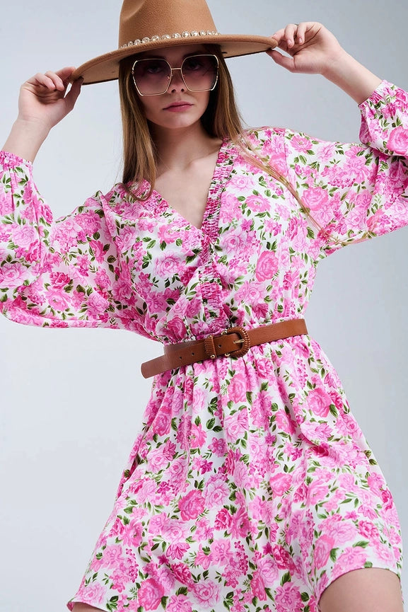 Floral V-Neck Dress with Pink Blooms and Green Accents-Dress-Q2-S-PINK-Urbanheer