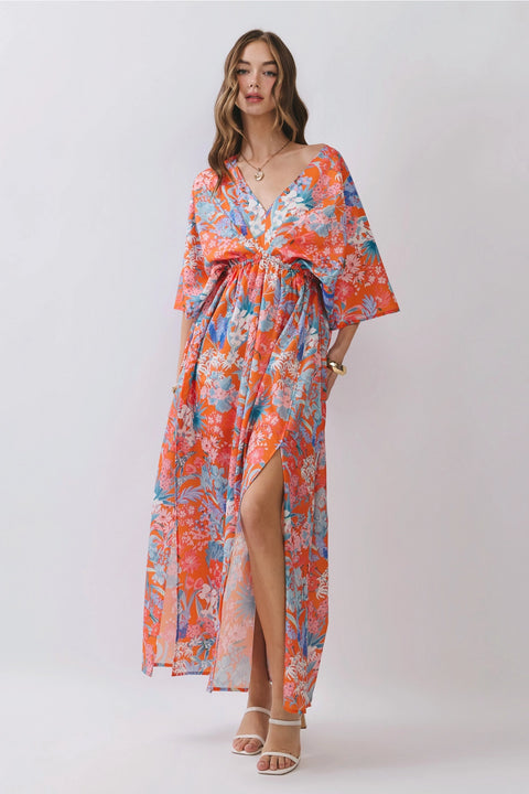 Floral V Neck Empire Waist Maxi Dress