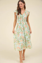 Floral V Neck Smocked Tiered Midi Dress SAGE MULTI-Dress-Moon River-S-SAGE MULTI-Urbanheer