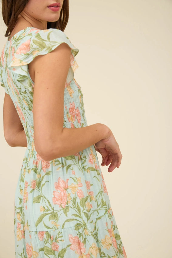 Floral V Neck Smocked Tiered Midi Dress SAGE MULTI-Dress-Moon River-S-SAGE MULTI-Urbanheer