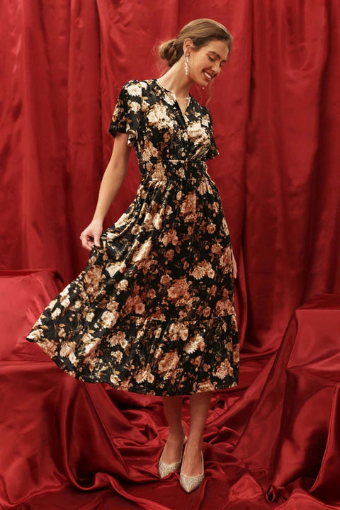 Floral Velvet Splice Shirred Waist Midi Dress-Dress-Blu Pepper-S-BLACK MULTI-Urbanheer