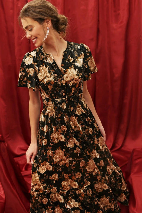 Floral Velvet Spice Shirred Waist Midi Dress Black / L Floral Velvet Spice Shirred Waist Midi Dress Black / L