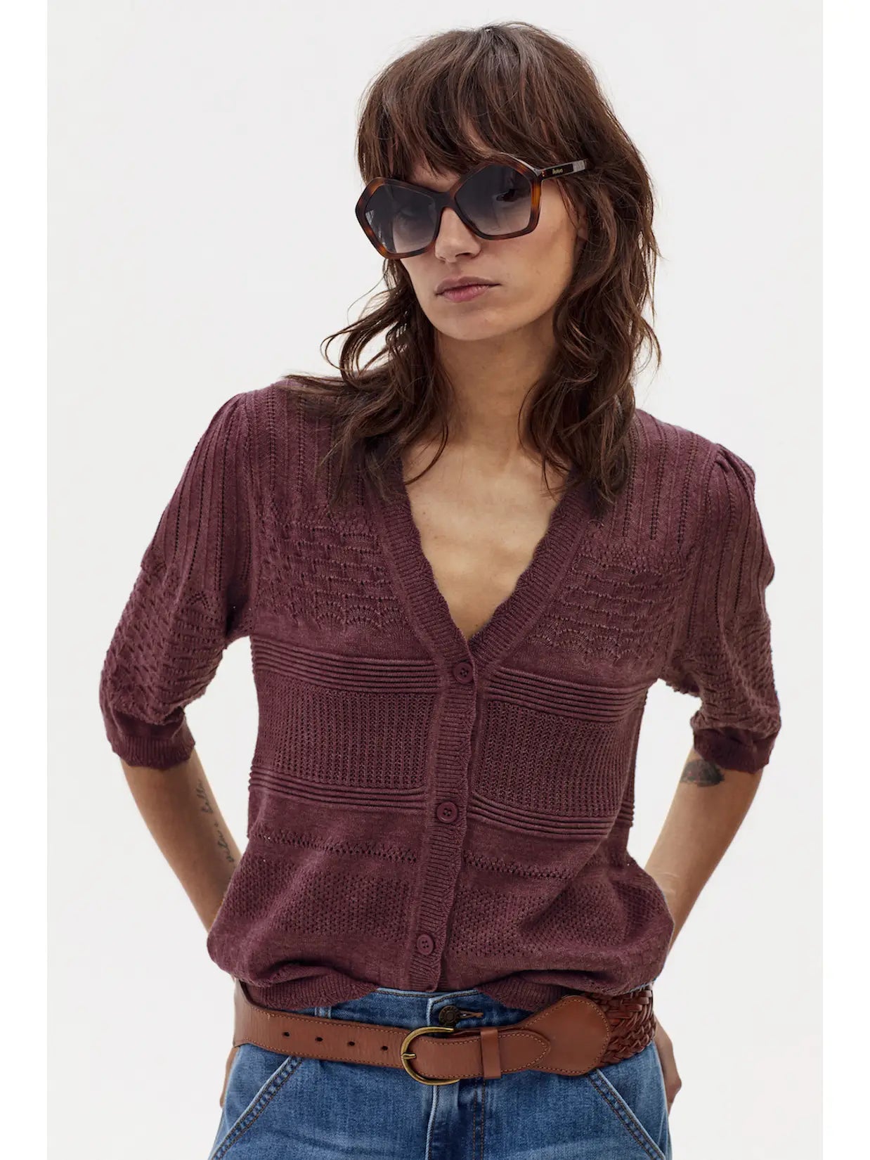 Florence Short Sleeve Cardigan - Burgundy