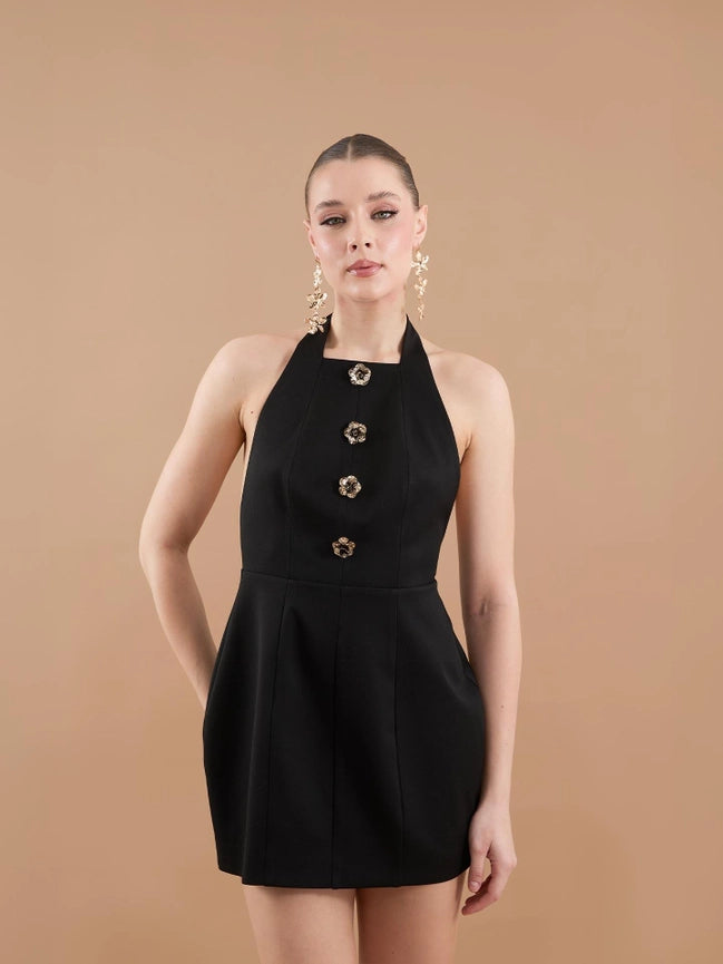 Flower Button Detail Halter Neck Mini Dress Black-Dress-JUSTE-34-Black-Urbanheer