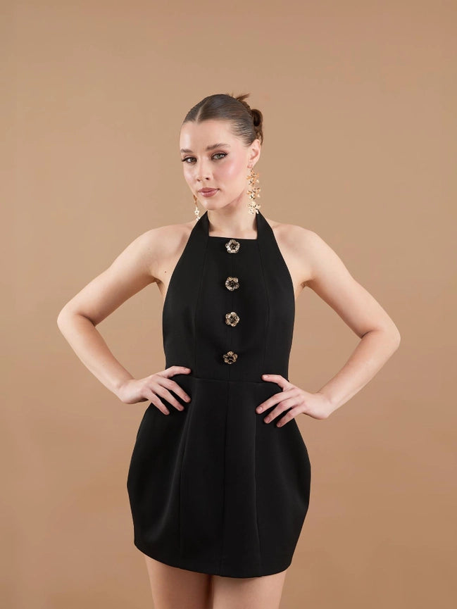 Flower Button Detail Halter Neck Mini Dress Black-Dress-JUSTE-34-Black-Urbanheer