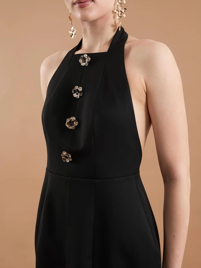 Flower Button Detail Halter Neck Mini Dress Black-Dress-JUSTE-34-Black-Urbanheer