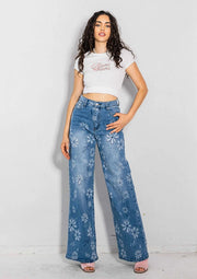 Flower Printed High-Rise Wideleg Jeans-Jeans-Vibrant M.i.U-1-Medium Stone-Urbanheer