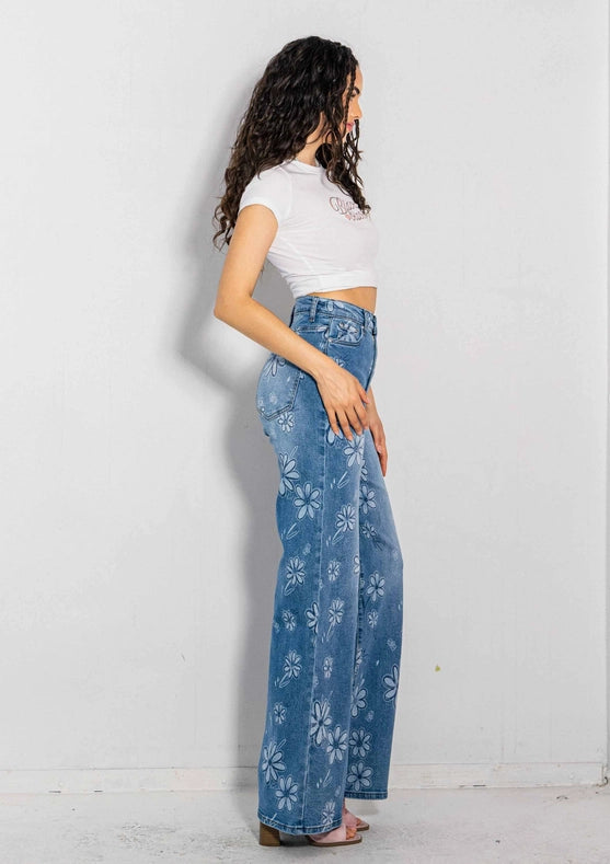 Flower Printed High-Rise Wideleg Jeans-Jeans-Vibrant M.i.U-1-Medium Stone-Urbanheer