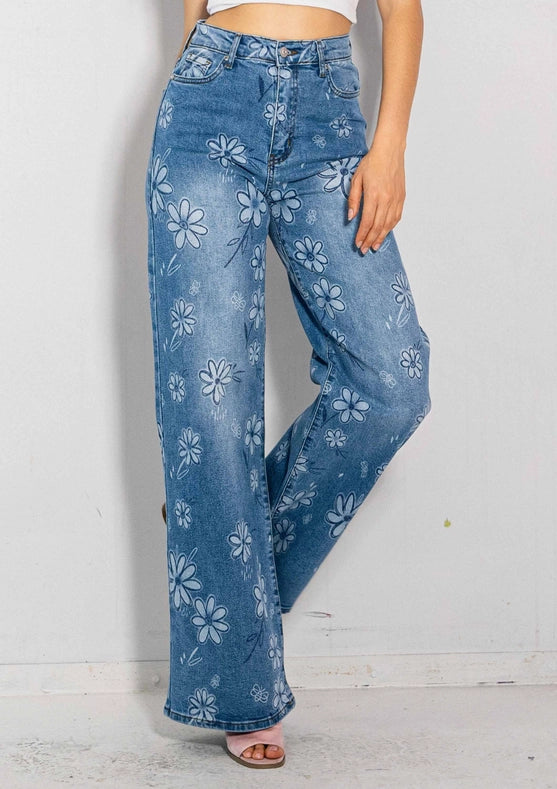 Flower Printed High-Rise Wideleg Jeans